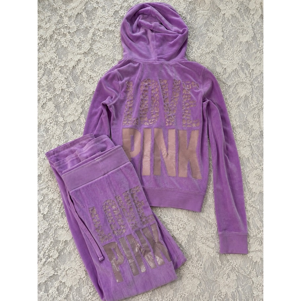 Y2K Victoria's Secret PINK Purple Velour Tracksuit Set Leopard Graphic S 2011